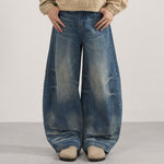 Wide Leg Vintage Washed Distressed Denim Pants