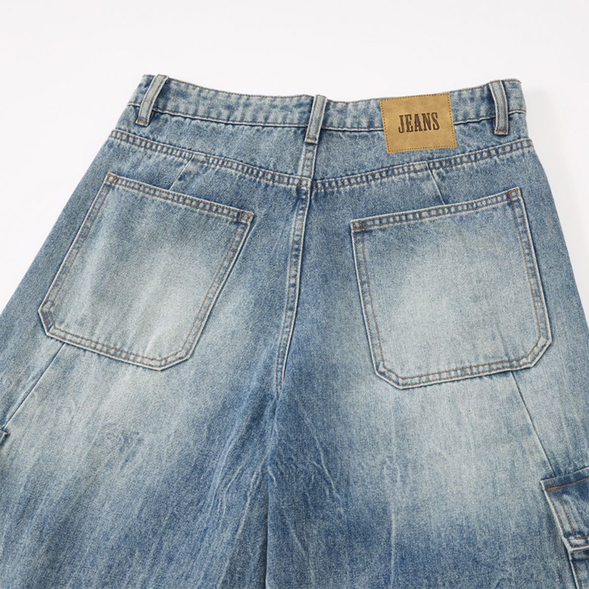 Distressed Cargo Style Wide Leg Denim Jeans