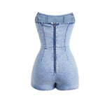 Women's Y2K Strapless Bodycon Wrap Front Short Denim Romper