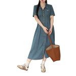 Vestido midi vaquero con corsé bordado con lazo