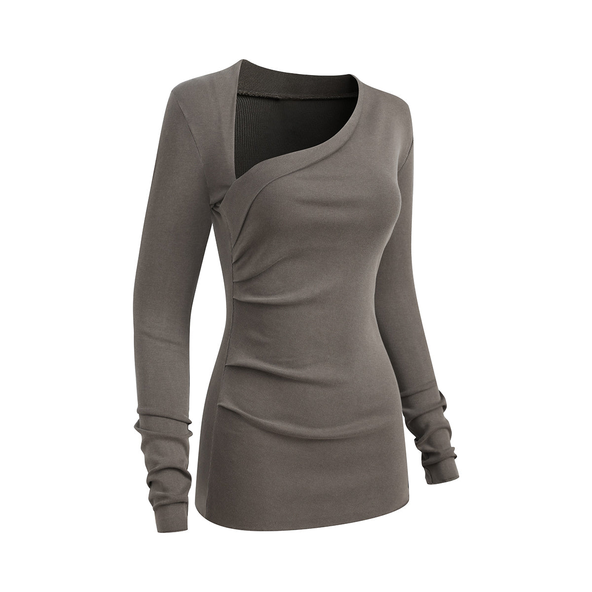 Asymmetric Neck Long Sleeve Ribbed Top