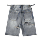 Adjustable Side Strap Distressed High Waist Shorts