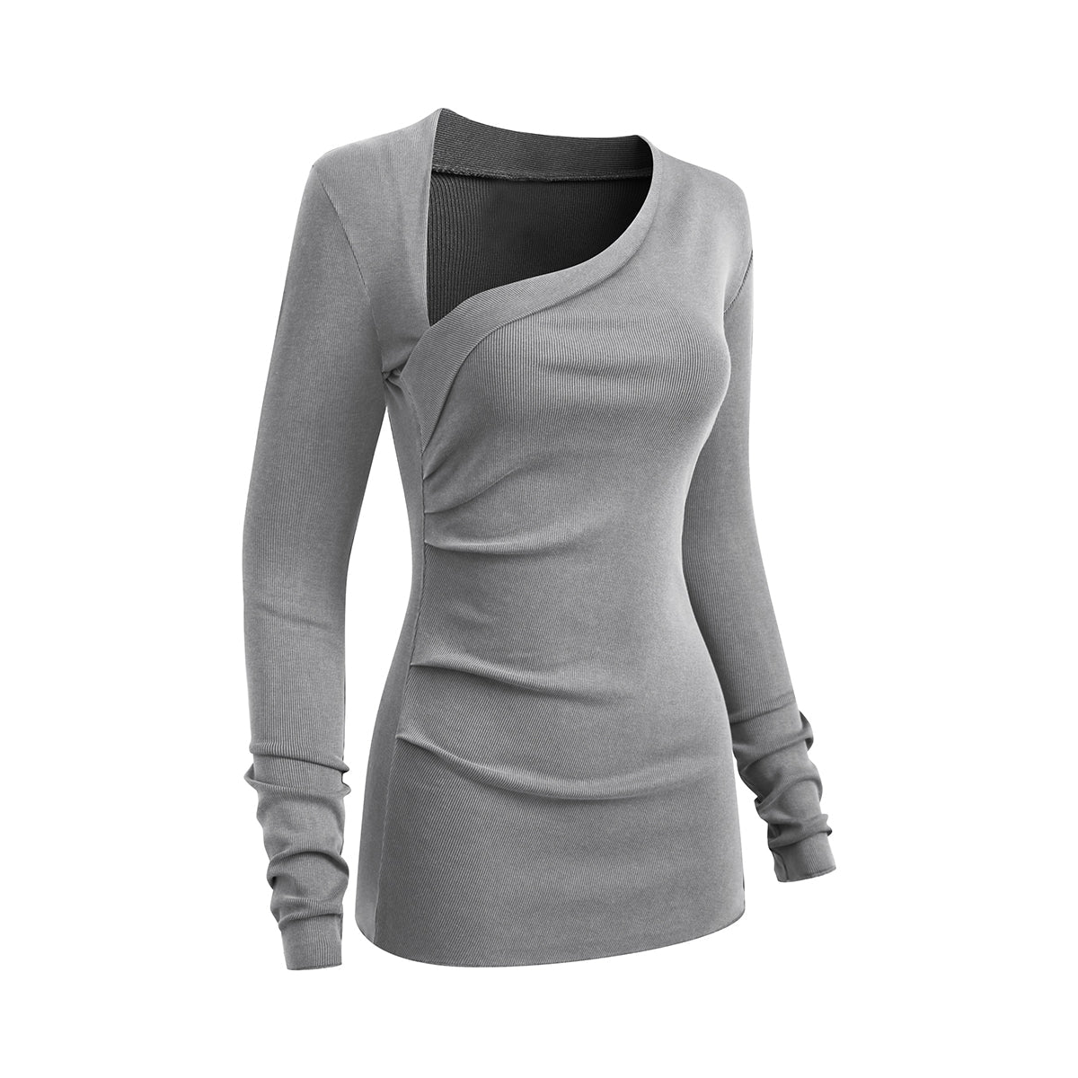 Asymmetric Neck Long Sleeve Ribbed Top