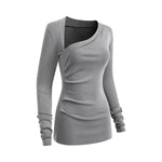 Asymmetric Neck Long Sleeve Ribbed Top
