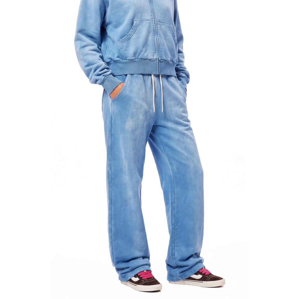 Monkey Wash Ripped Distressed Curved Wide Leg Cotton Sweatpants