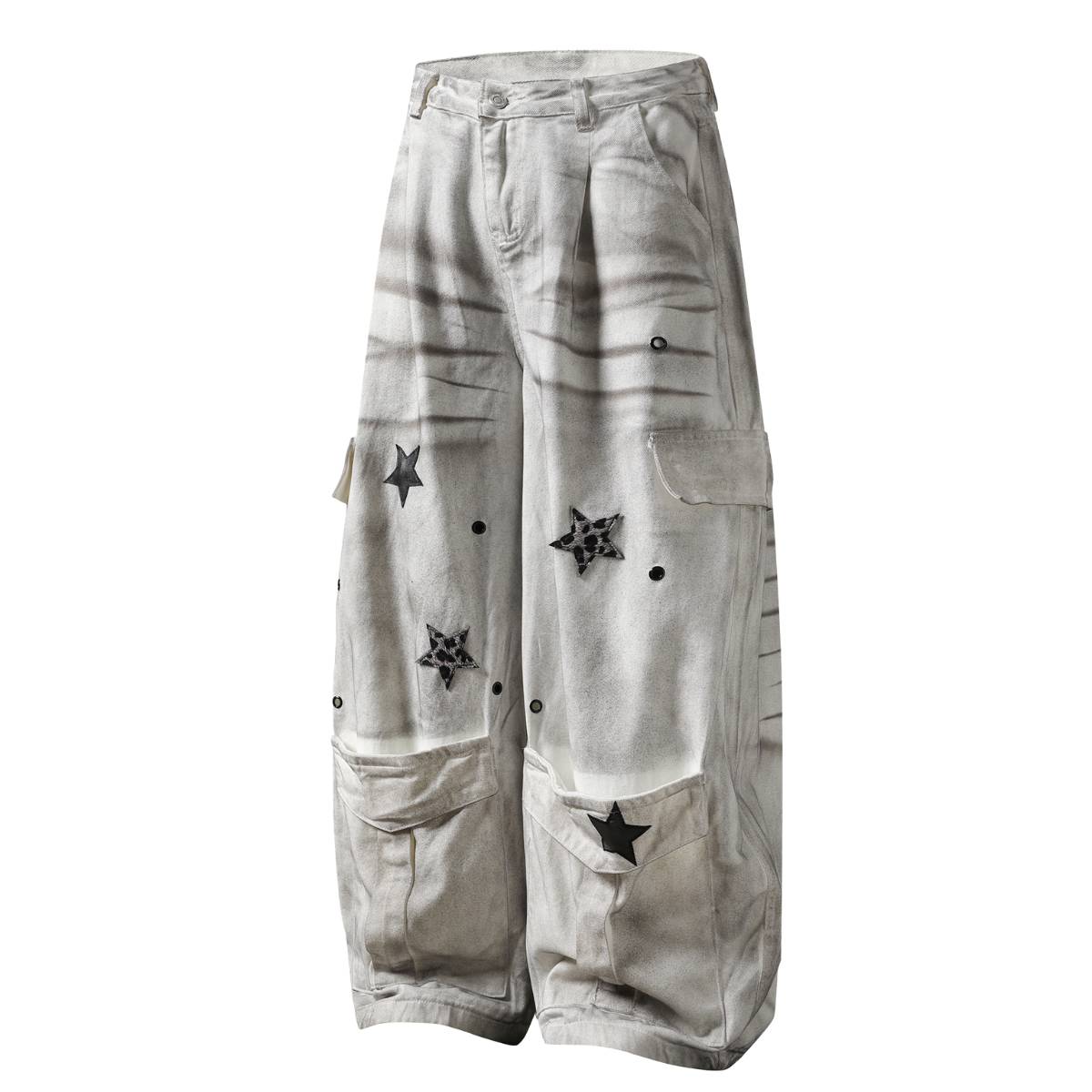 Vintage Wash Star Pattern Baggy Straight Leg Cargo Jeans