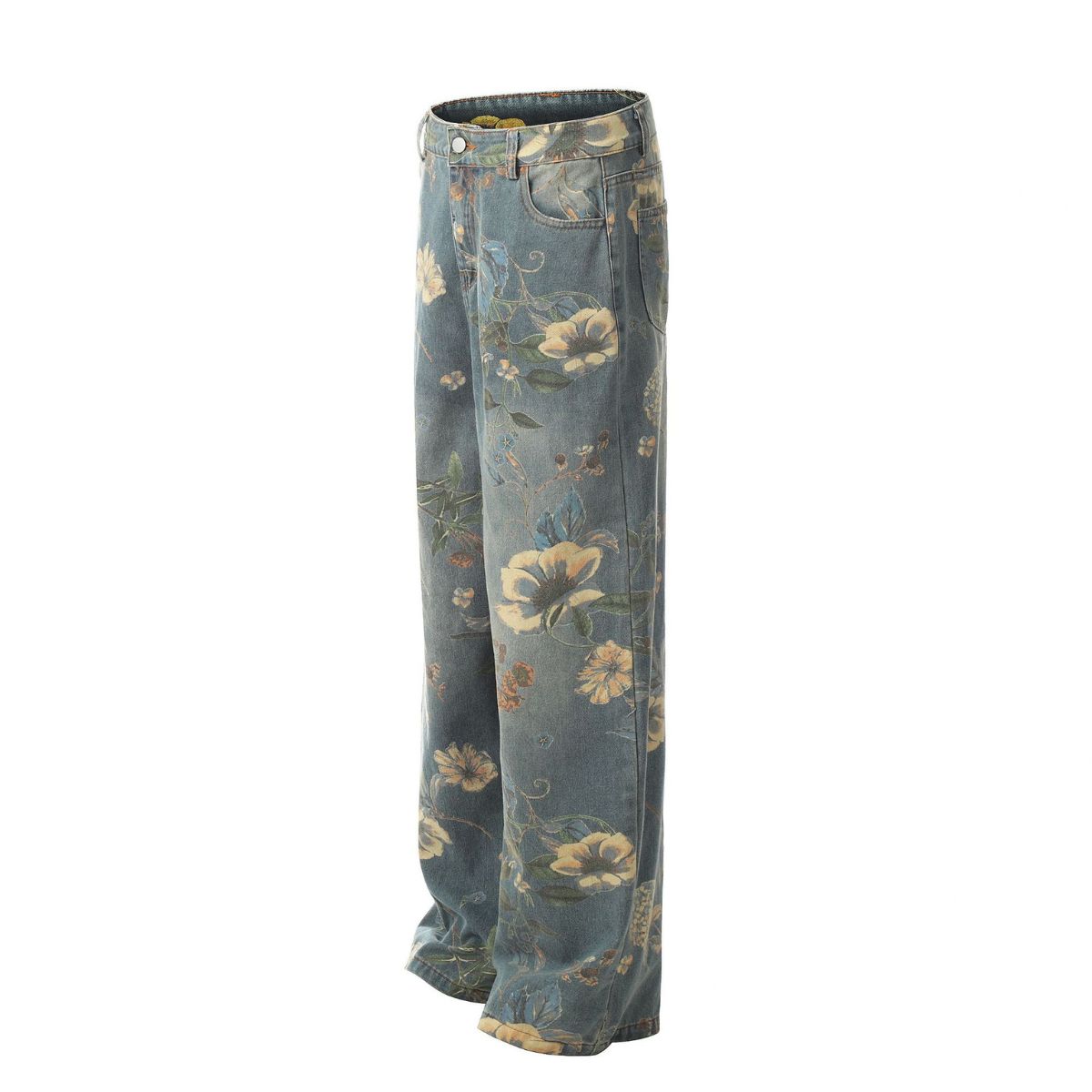 Smoke Rise Wide Leg Floral Print Denim Pants