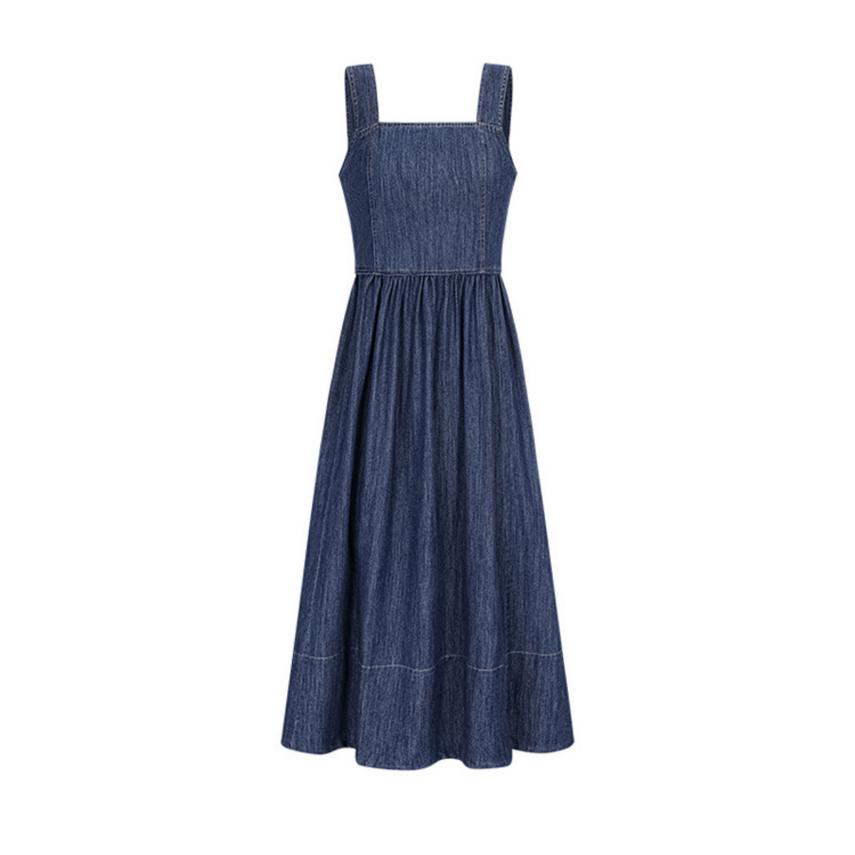 Square-Neck Denim Gathered Waist Maxi Dress