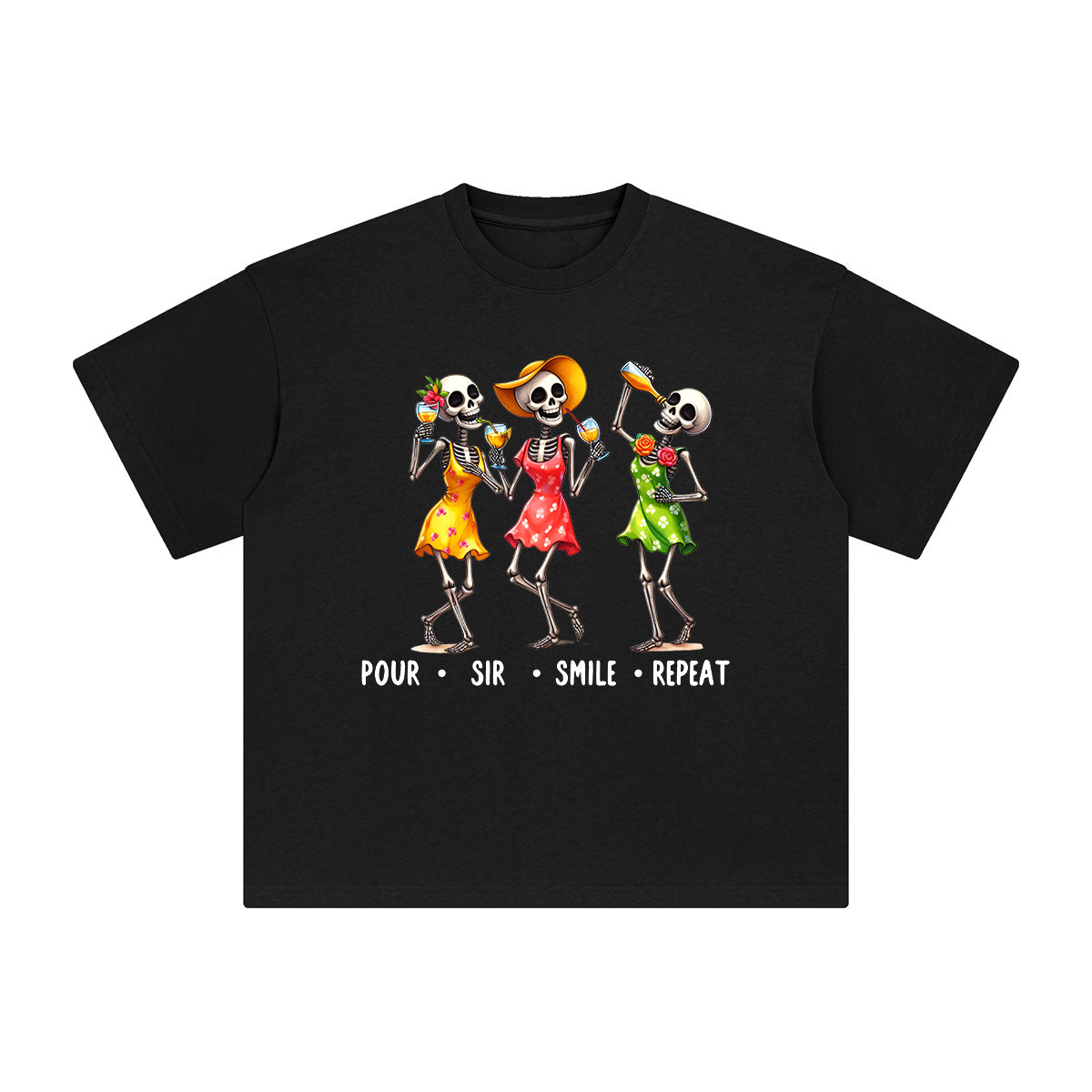 Skeleton Women Drinking Juice Graphic Tee-INNBLAC Fashion Apparel