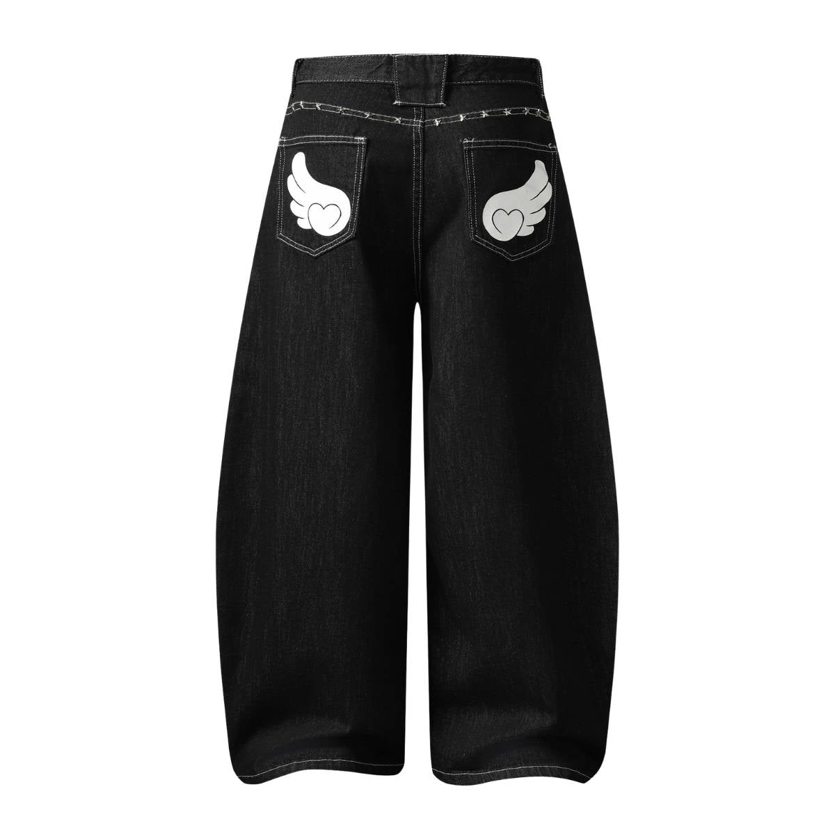 Retro Contrast Heart & Wings Patchwork High Rise Loose Draped Denim Jeans