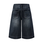 Double-Button Whiskered Wide-Leg Denim Shorts