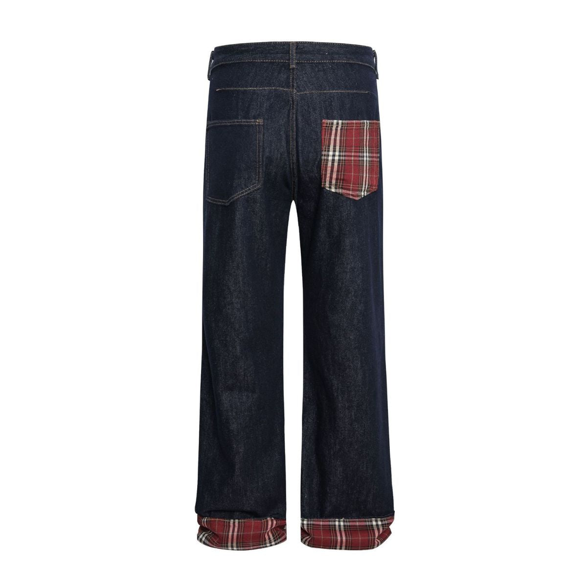 Vintage Raw Denim Red Plaid Panel Flare Jeans