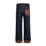 Vintage Raw Denim Red Plaid Panel Flare Jeans