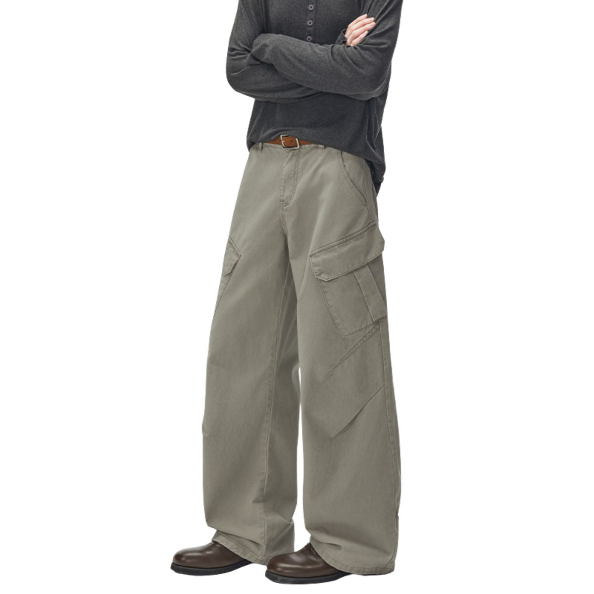 Deconstructed Curved Wide‑Leg Cargo Pants
