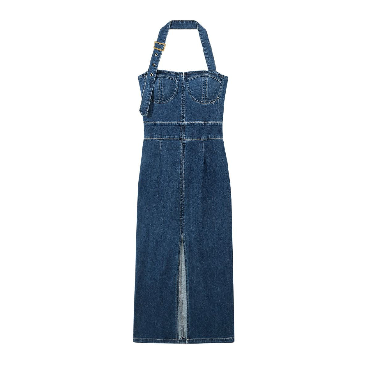 Halter Neck Fitted Denim Midi Dress