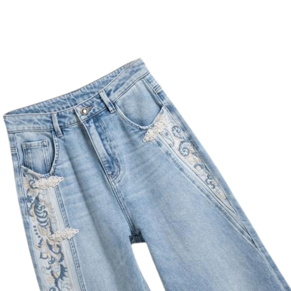 Risen Jeans Raw Hem Embroidered Pearl-Frog Closures Jeans