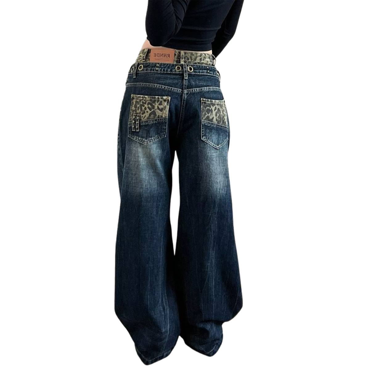 Vintage Washed Double-Waist Wide-Leg Denim Jeans