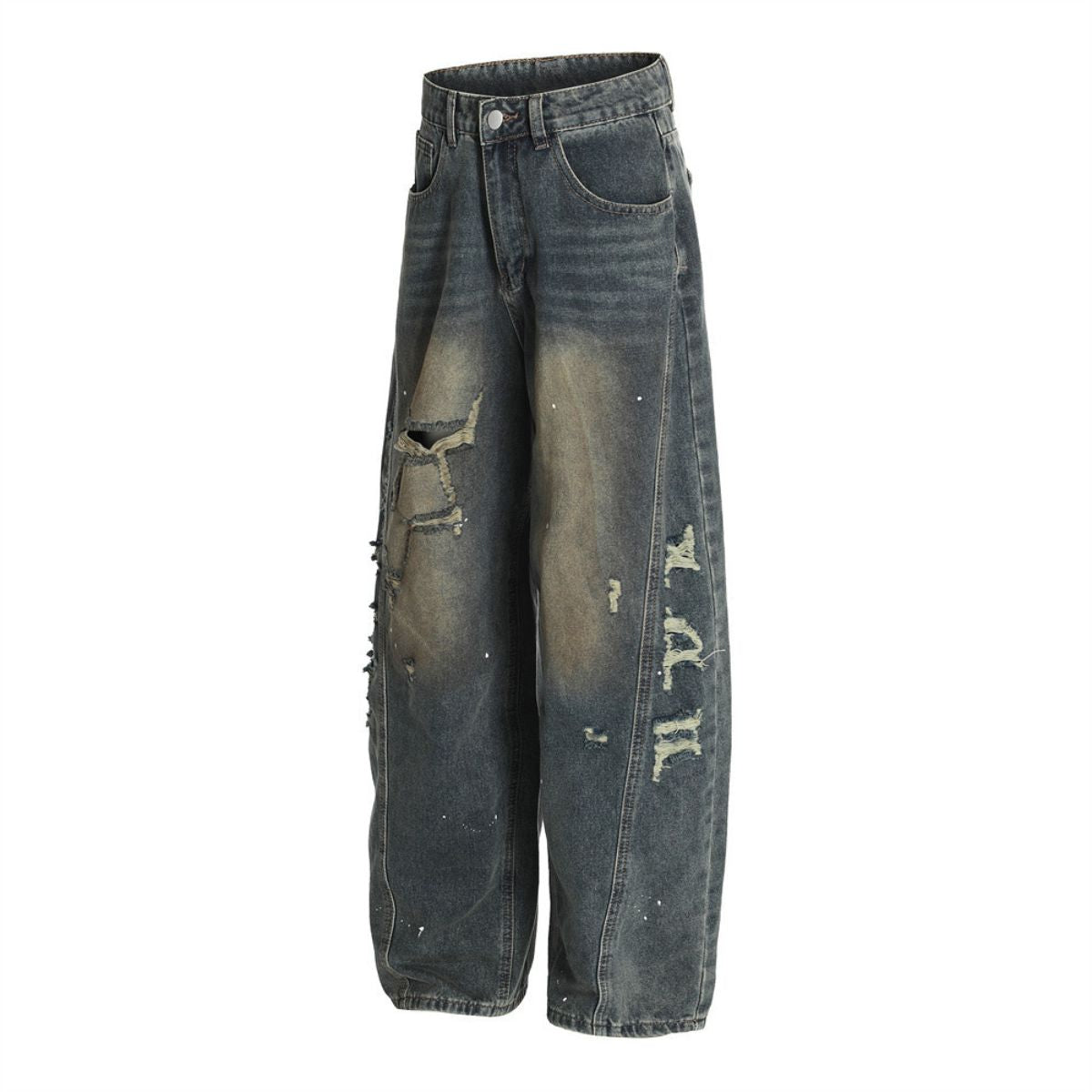 Men's Curved Denim Pants Wide Leg Distressed Paint Splatter Holes