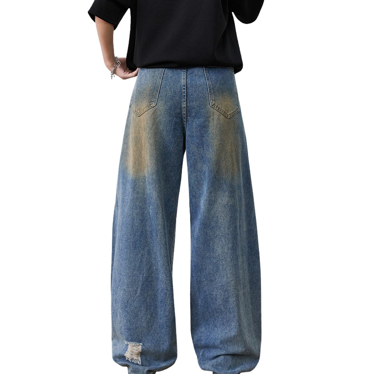Distressed Barrel Leg Denim Jeans with Heavy Rip Details