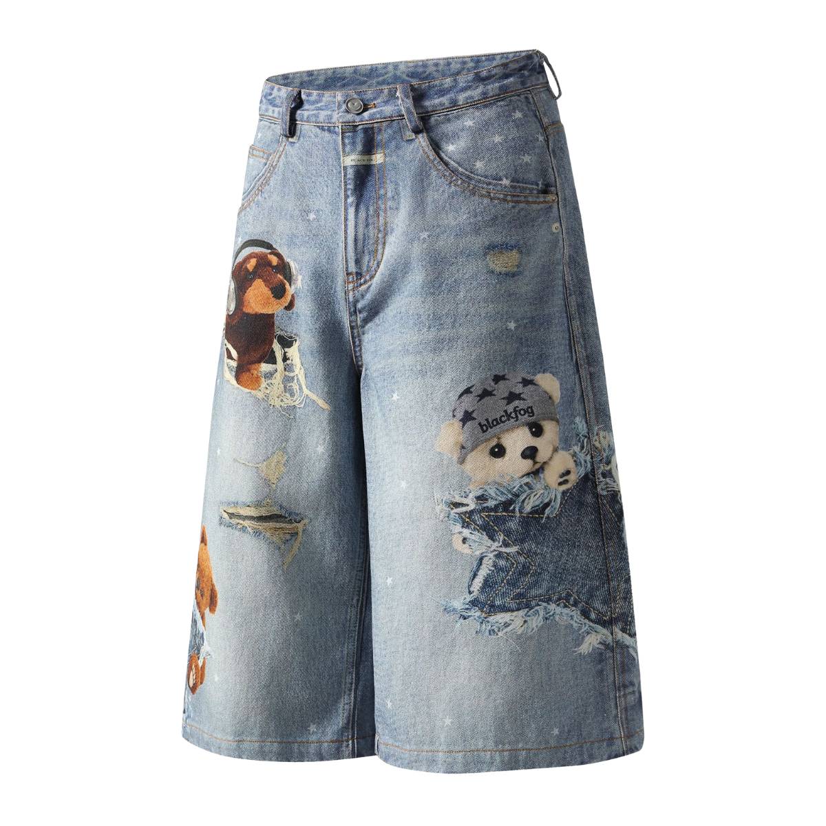Washed Vintage Star Print Dog Distressed Relaxed Wide-Leg Bermuda Shorts