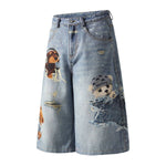 Washed Vintage Star Print Dog Distressed Relaxed Wide-Leg Bermuda Shorts