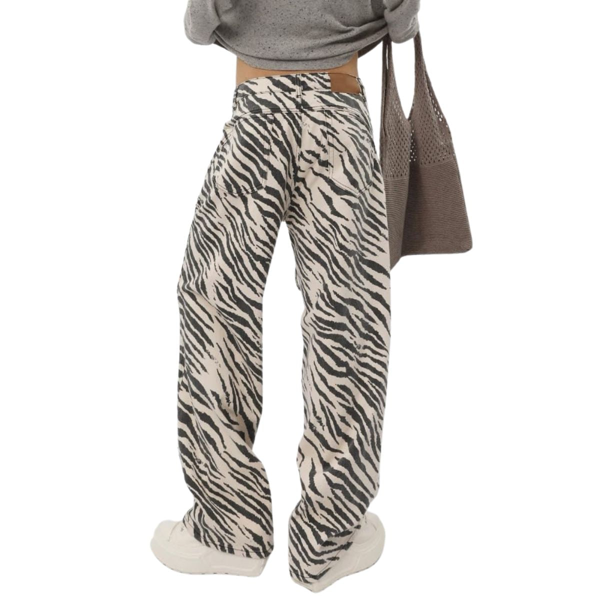 Y2K Style Zebra Stripe Print High Waist Drawstring Wide Leg Denim Jeans