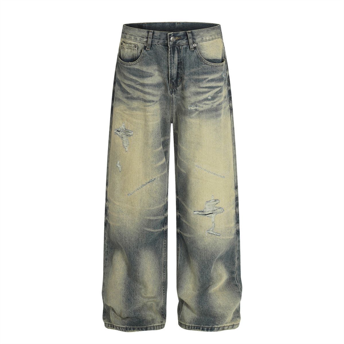 Men's Washed Distressed Denim Loose Vintage Street Pants Mud Dye Holes