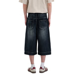 Double-Button Whiskered Wide-Leg Denim Shorts