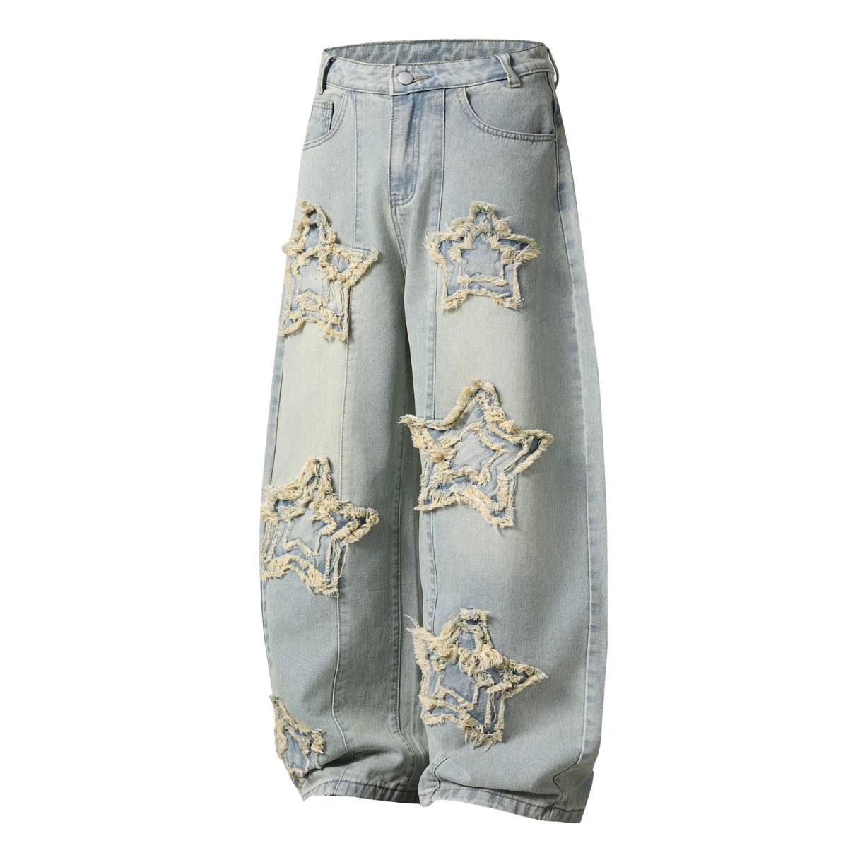 American Retro Frayed Hem Star Graphic Loose Fit Denim Trousers