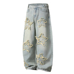 American Retro Frayed Hem Star Graphic Loose Fit Denim Trousers