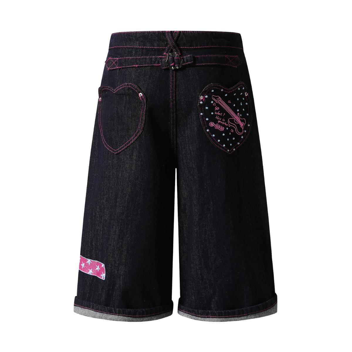 Washed Contrast Star Heart Embroidered Button Wide-Leg Bermuda Shorts