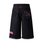 Washed Contrast Star Heart Embroidered Button Wide-Leg Bermuda Shorts