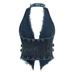 Women's Y2K Backless Fringe CorsetDenim Halter Top