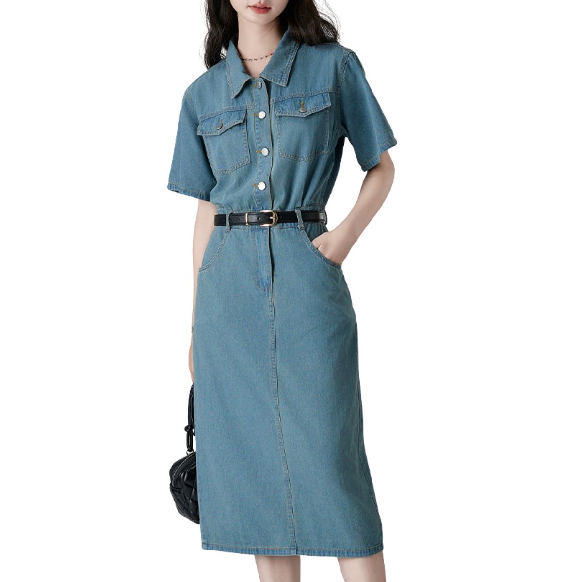 Short Sleeve Belted Midi Denim Shirtdress