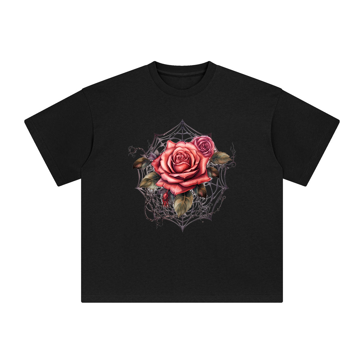Gothic Spiderweb & Red Roses Graphic Tee-INNBLAC Fashion Apparel