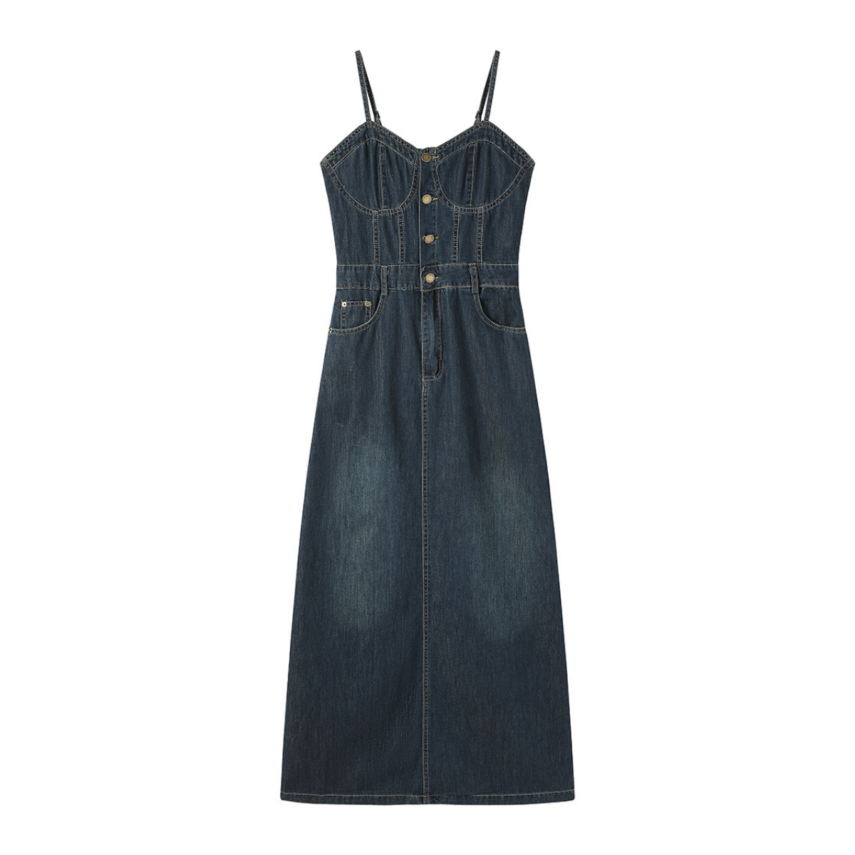 Sweetheart-Neck Strappy Denim Maxi Dress