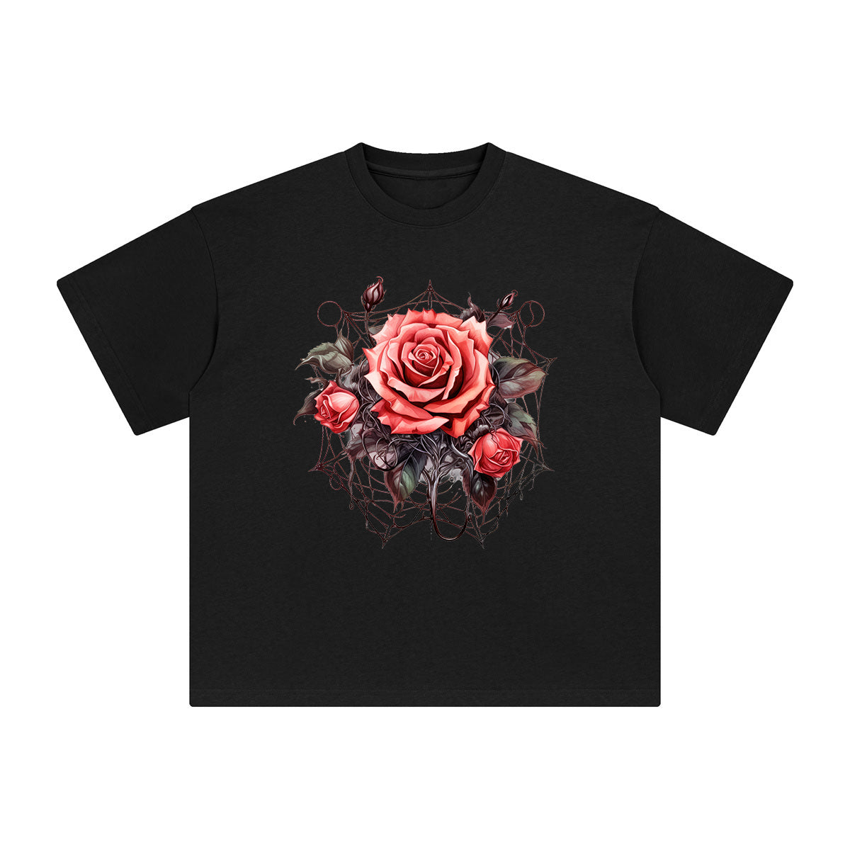 Gothic Spiderweb & Red Roses Graphic Tee-INNBLAC Fashion Apparel