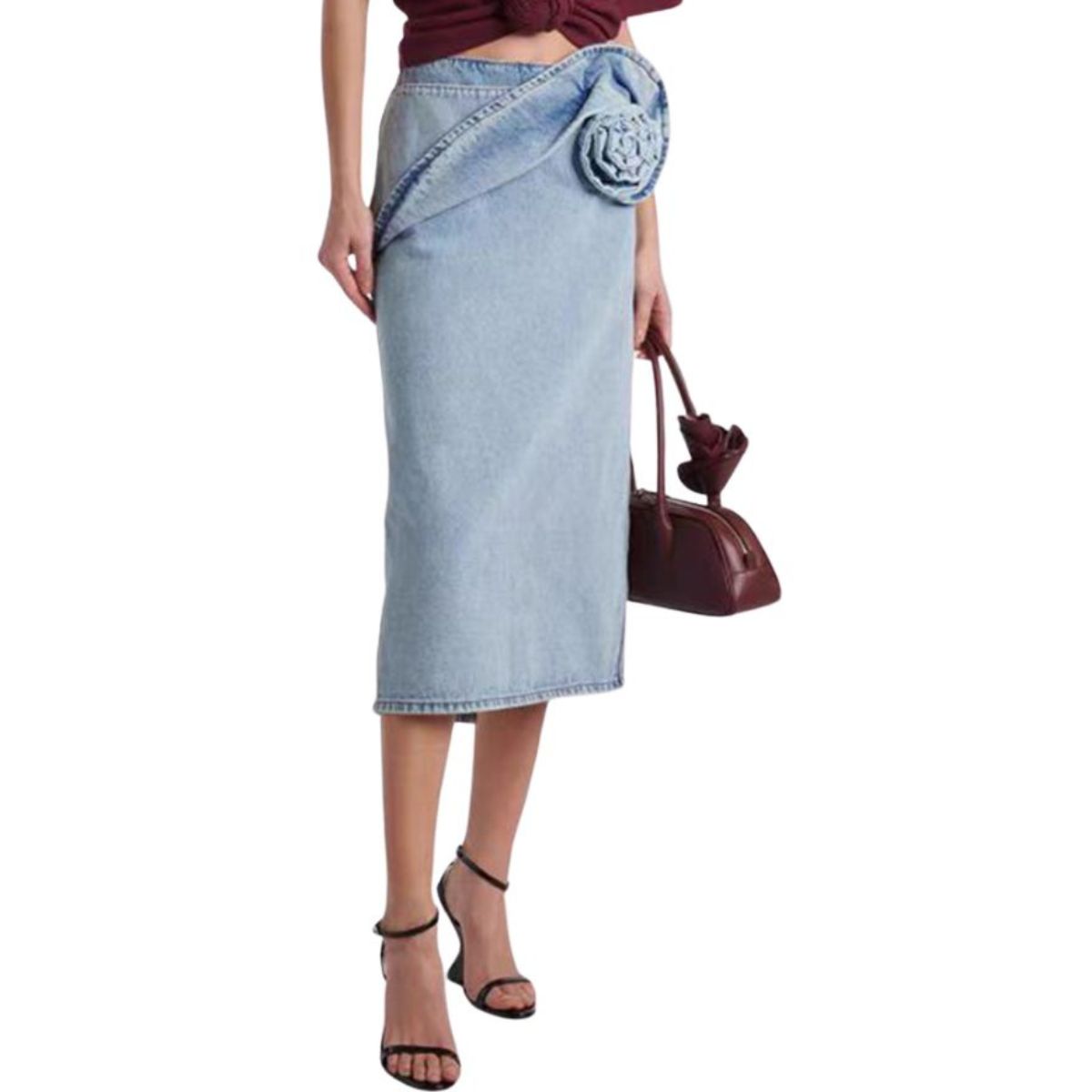 Floral Appliqué Denim Midi Skirt