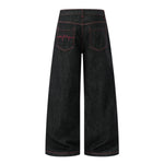 Embroidered Raw Denim Vintage Washed Loose Straight‑Leg Jeans