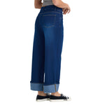 Mid Rise Rolled Hem Slimming Knit Denim Straight Leg Jeans