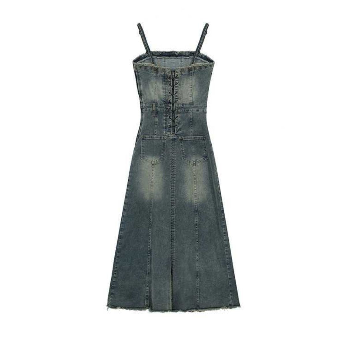 Lace-Up Back Denim Cami Midi Dress