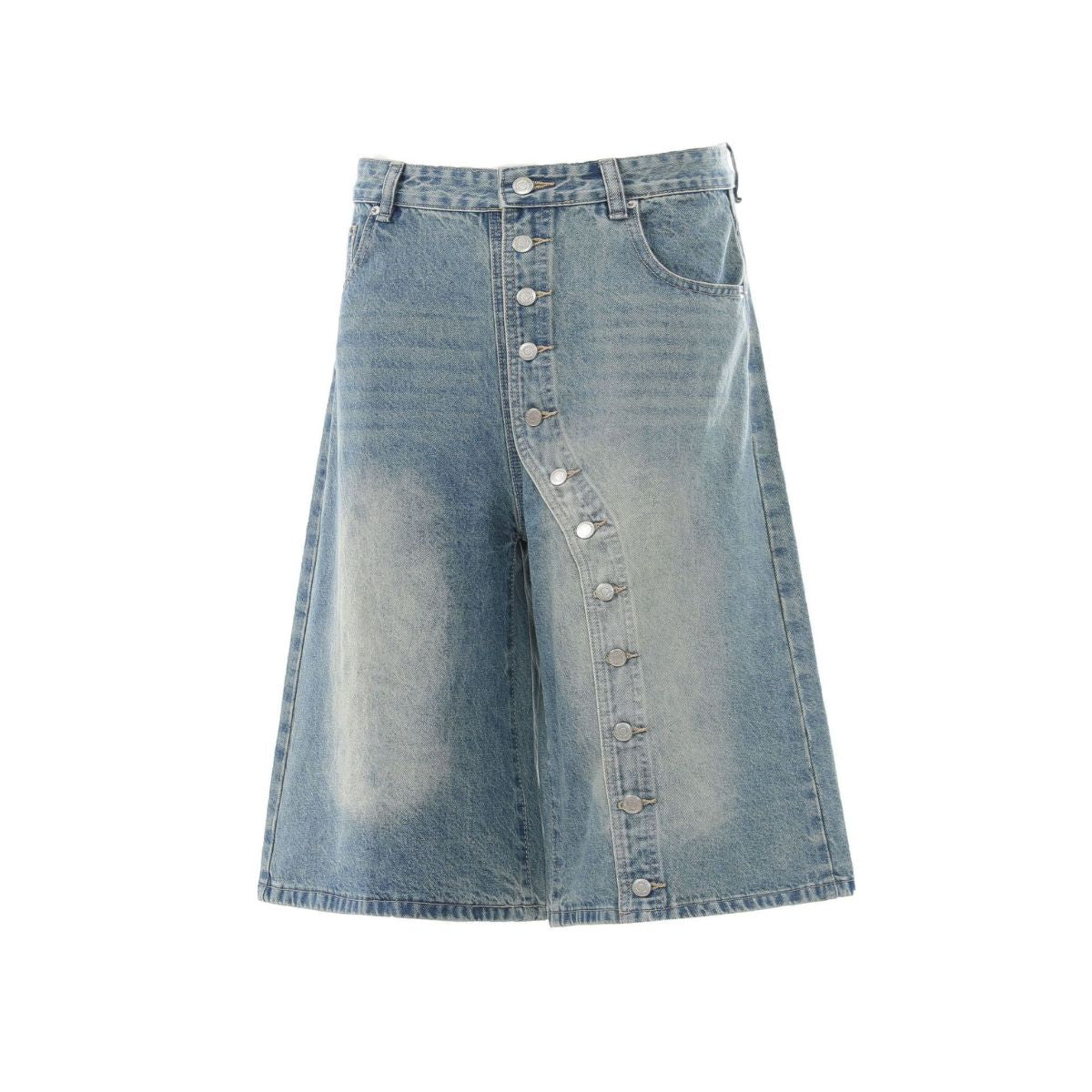 Vintage Washed Asymmetrical Button Denim Bermuda Shorts