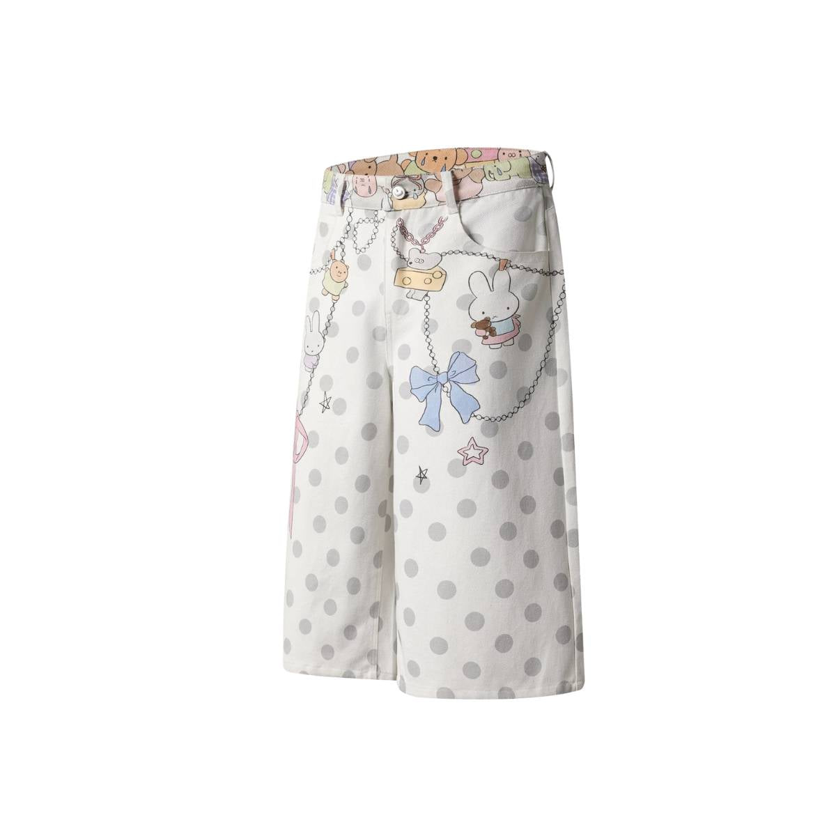 Washed Rabbit Print Polka Dot Bow Detail Relaxed Wide-Leg Bermuda Shorts