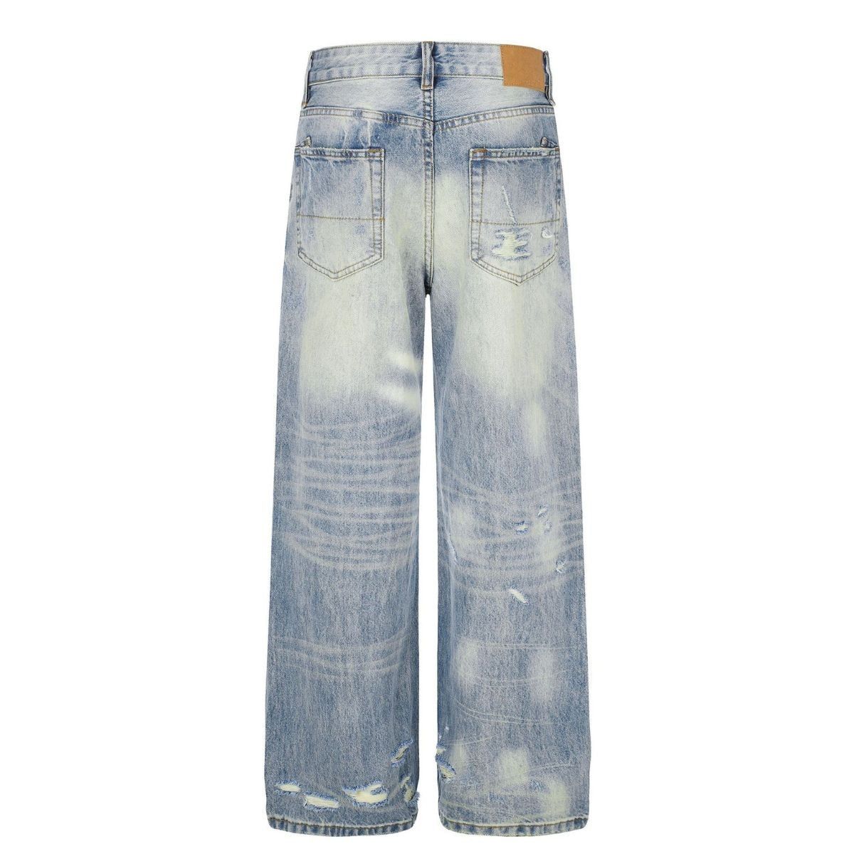 Vintage Whiskered Ripped Straight‑Leg Casual Jeans
