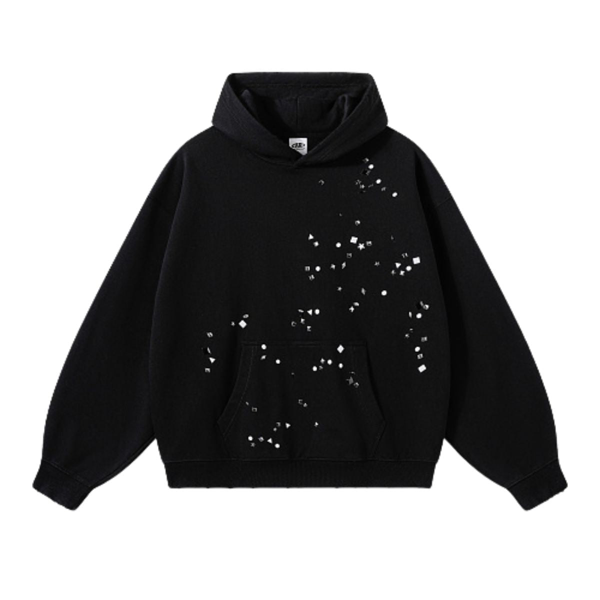 Retro Punk Metal Heat Transfer Patch Rivet Boxy Cut Hooded Sweatshirt