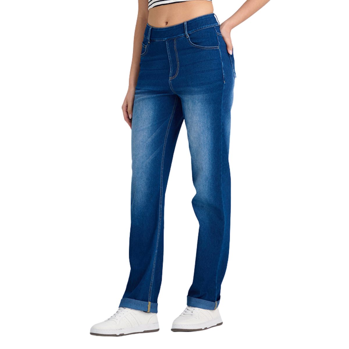 High Waisted Tummy Control Rolled Hem Straight Leg Washed Casual Jeans