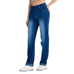 High Waisted Tummy Control Rolled Hem Straight Leg Washed Casual Jeans