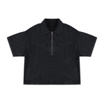 Vintage Washed Denim Zip Polo Shirt