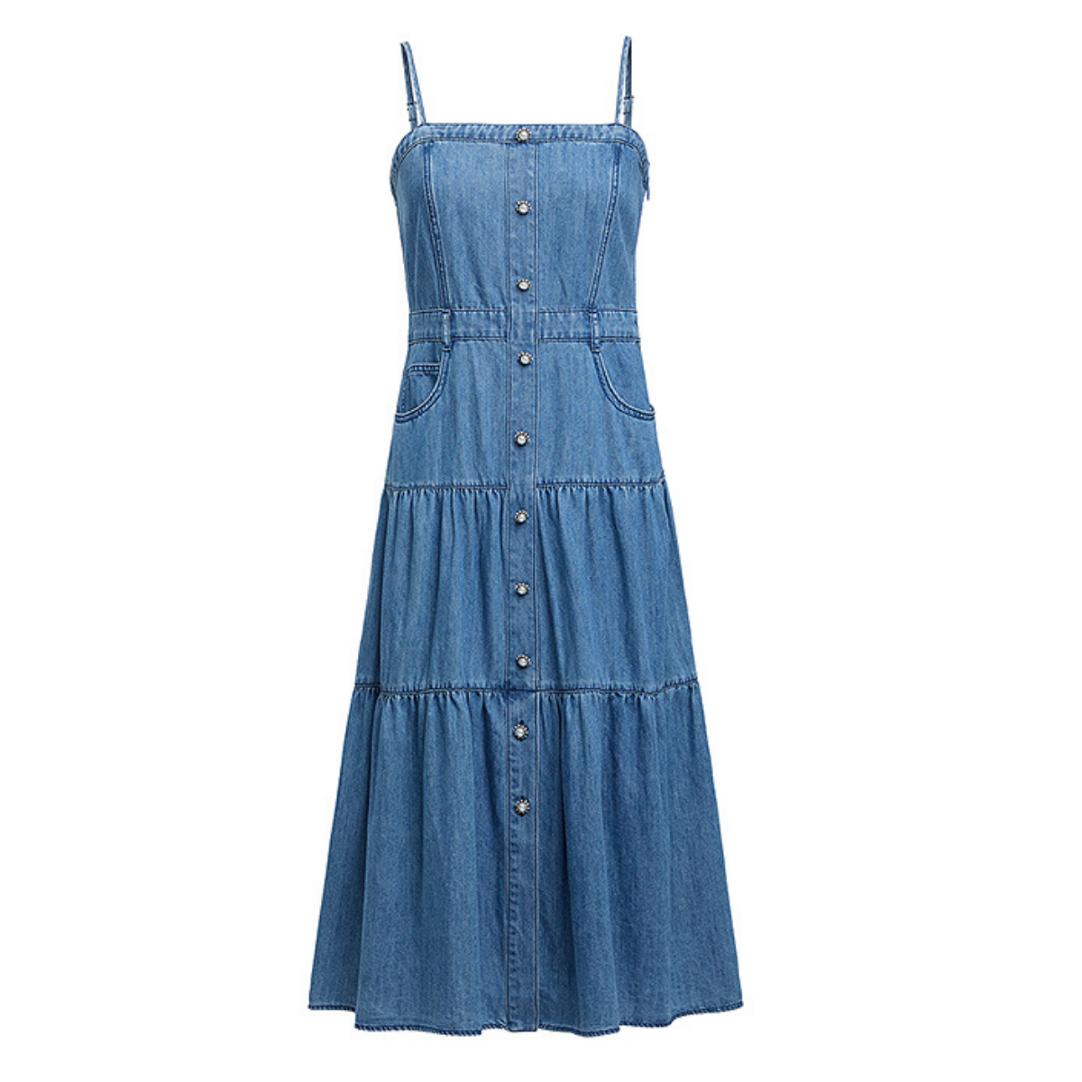 Spaghetti Strap Tiered Denim Midi Dress