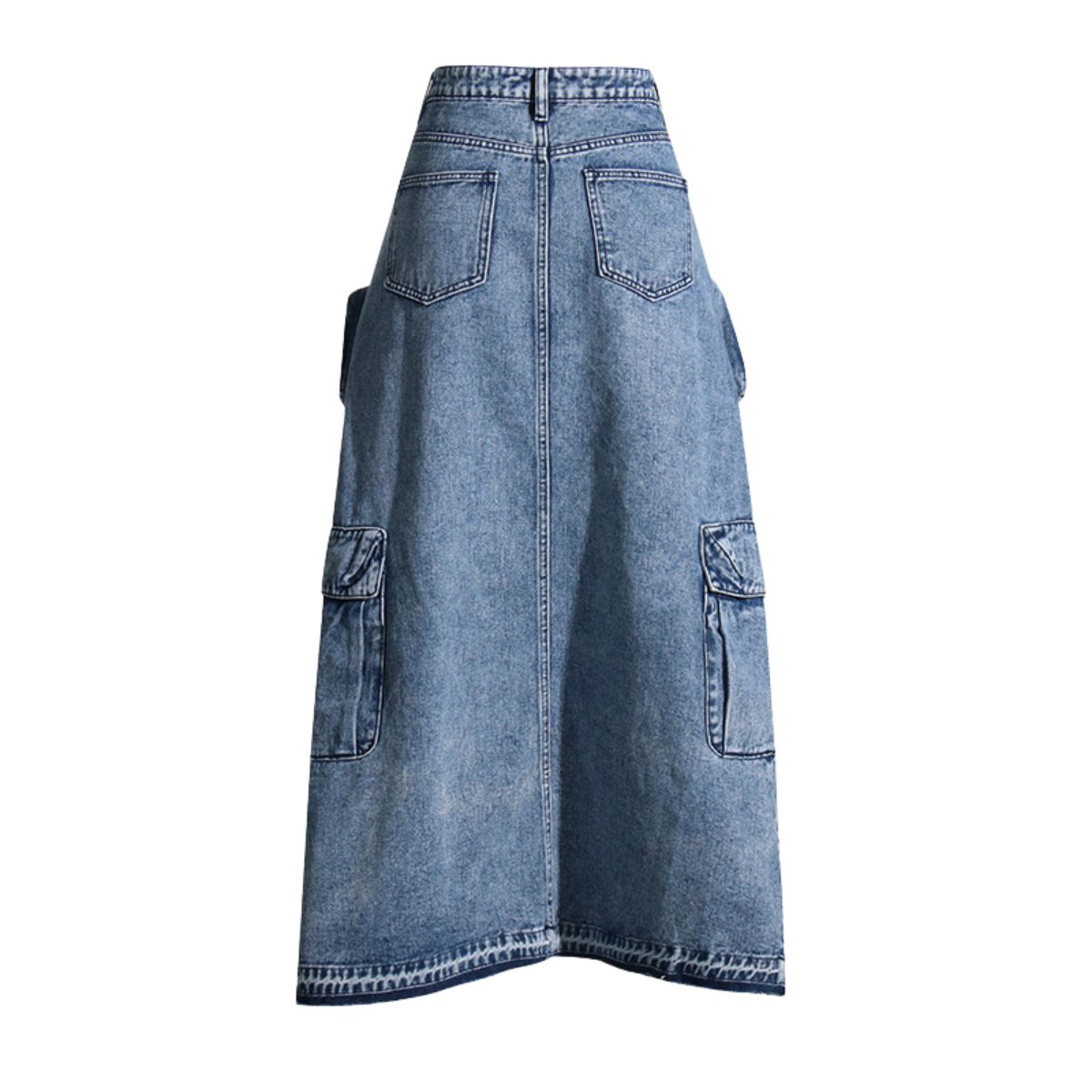 Raw Hem Cargo Denim Midi Skirt